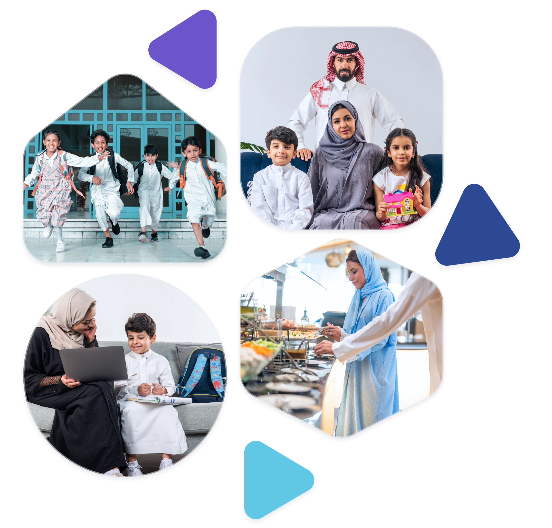 arabic parent and child, parent with child happy, family education, children going to school, school kids with backpacks, students walking to school, students in uniform, children eating in canteen, kids enjoying lunch, students in cafeteria, group of happy children, children smiling together, kids group happy faces
